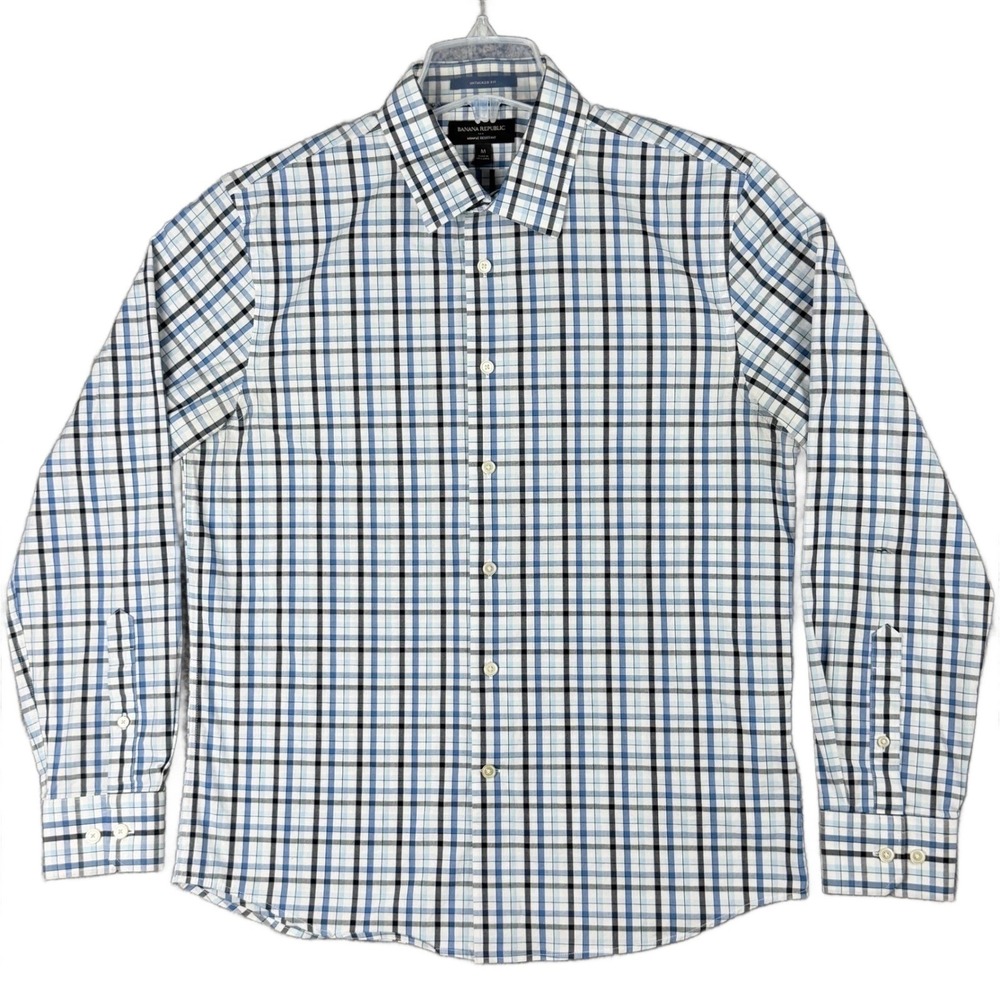 Banana Republic Men's M Blue Plaid Untucked Fit Wrinkle Resistant Shirt Preppy